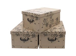 4069055001369 - Spetebo - 3er Set Aufbewahrungsbox mit Deckel 51 x 37 cm - Braun mit Blumenmuster - Stapelbox aus Pappe mit Griffen 45 Liter - Organizer Storage Box