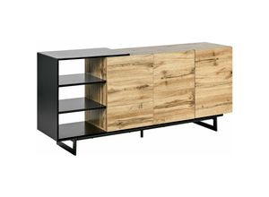 4251682284684 - Beliani - Sideboard Heller Holzfarbton u Schwarz MDF-Platte Stahl 160 x 40 x 75 cm Niedrig mit Schubladen Türen Regalen Metallgestell Wohnzimmer