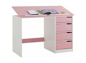 4016787072433 - - Kinderschreibtisch emma aus Kiefer massiv in weiß rosa neigungsverstellbar