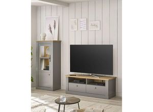 4066075072355 - Landhaus Wohnzimmer Möbel Set mit led Beleuchtung in grau mit Artisan Eiche Nb CHATHAM-61 b h t ca 215 142 44 cm - grau