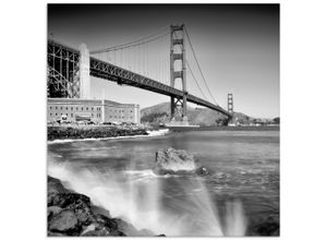 4059745299336 - Glasbild ARTLAND Golden Gate Bridge mit Brandung Bilder Gr B H 40 cm x 40 cm Glasbild Amerika quadratisch 1 St schwarz Bild Glasbild Glasbilder Bilder in verschiedenen Größen