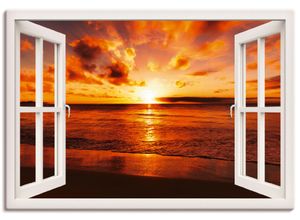 4055327354714 - Wandbild ARTLAND Fensterblick Sonnenuntergang am Strand Bilder Gr B H 130 cm x 90 cm Leinwandbild Fensterblick Querformat 1 St weiß Bild Poster Bilder als Leinwandbild Wandaufkleber oder in versch Größen