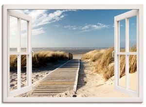 4058661011374 - Wandbild ARTLAND Fensterblick Nordseestrand auf Langeoog Bilder Gr B H 130 cm x 90 cm Leinwandbild Fensterblick Querformat 1 St weiß Bild Poster Bilder als Leinwandbild Wandaufkleber oder in versch Größen