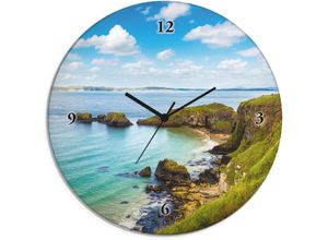 4062144605042 - Wanduhr ARTLAND Glasuhr rund Küstenweg in Carrick-a-Rede Wanduhren Gr B H T 30 cm x 30 cm x 18 cm Quarzuhr grün Wanduhren wahlweise mit Quarz- oder Funhuhrwerk lautlos ohne Tickgeräusche