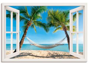 4057738334439 - Wandbild ARTLAND Fensterblick Palmenstrand Karibik Bilder Gr B H 130 cm x 90 cm Leinwandbild Amerika Querformat 1 St weiß Bild Poster Bilder als Alubild Leinwandbild Wandaufkleber oder in versch Größen