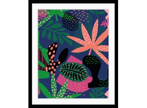 4049009848516 - Bild QUEENCE Joanna Bilder Gr B H 50 cm x 60 cm Wandbild Blätter Hochformat bunt (blau pink grün) Kunstdrucke Blätter Dschungel gerahmt Natur