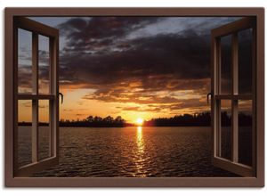 4062144599129 - Wandbild ARTLAND Sonnenuntergang am See braunes Fenster Bilder Gr B H 130 cm x 90 cm Leinwandbild Seebilder Querformat 1 St braun Kunstdrucke als Alubild Leinwandbild Wandaufkleber oder Poster in versch Größen