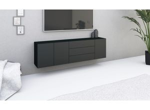 4255607608012 - Sideboard BORCHARDT MÖBEL Sophia Sideboards Gr B H T 190 cm x 53 cm x 35 cm 3 schwarz (schwarz matt) Sideboards Breite 190 cm hängend und stehend montierbar