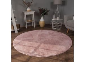 Image of Teppich Wohnzimmer Kunstfell Shaggy Hochflor Waschbar In Waschmaschine Soft Uni Rosa ø 120 cm Rund - Paco Home