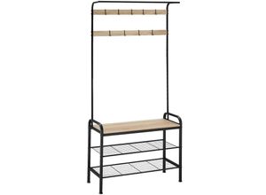 4061173210722 - tectake® Garderobenständer Industrial Style mit Sitzfläche 2 Gitterablagen und 9 abnehmbaren Haken inklusive Kippschutz 855 x 36 x 184 cm