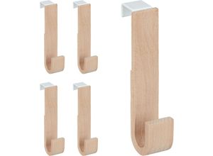 4052025326289 - Türhaken im 5er Set Holz & Eisen Jacken Handtücher Kleiderhaken Flur HxBxT 13 x 25 x 6 cm weiß natur - Relaxdays