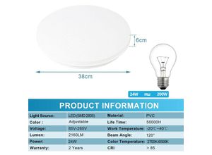 9475631434424 - 24W Dimmbar led Deckenleuchte Leuchten mit Fernbedienung 4000K Badezimmerlampe  Farbtemperatursteuerung 2160 lm - Vingo