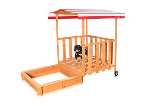 4260220424734 - Sandkasten Sandbox mit Abdeckung und Sonnenschutz aus Holz für Kinder 182 x 100 x 140 mit Veranda und Geländer Dach rot weiß - Melko