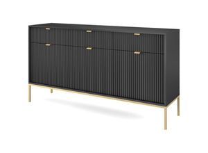 5905386076487 - Selsey - vellore - Sideboard Kommode 3-türig mit 3 Schubladen Schwarz mit geriffelten Fronten mit goldenen Metallbeinen 154 cm