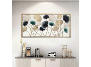 4260772025731 - Dekoleidenschaft - 3D Wandbild Ginkgo aus Metall in gold anthrazit türkis 125x60 cm Wanddeko Wandschmuck