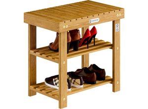 4250525359886 - Casaria® Schuhregal mit Sitzfläche Holz Massiv 160kg Belastbarkeit FSC®-Zertifiziert Akazie 3 Ebenen Flur Bad Schuhbank Sitzbank Schuhschrank Braun m