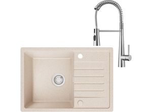 0745259356682 - Spülbecken Küche Beige mit Armatur Edelstahl 65 x 45 cm Küchenspüle aus Granit Spüle Küche Waschbecken Küche mit Reversible Installation