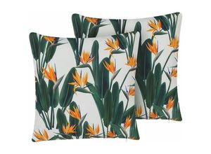 4251682275965 - Gartenkissen 2er Set Grün Stoffbezug quadratisch 45 x 45 cm mit Füllung Blumenmuster Reißverschluss für Lounge Garten Terrasse Indoor Outdoor - Grün