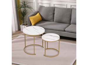 4262386286270 - Satztisch Couchtisch Beistelltisch 2 tlg HWT51-WEI Marmor Weiß Dekor Gestell Gold