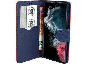 4252021318329 - Buch Tasche Fancy kompatibel mit SAMSUNG GALAXY S22 ULTRA (SM-908B) Handy Hülle Etui Brieftasche Schutzhülle mit Standfunktion Kartenfach Rot-Blau