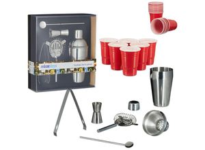 4052025213930 - Relaxdays - 55 teiliges Cocktailset aus Edelstahl inkl Getränkebechern aus Kunststoff Cocktailshaker Barsieb Messbecher Eiswürfelzange