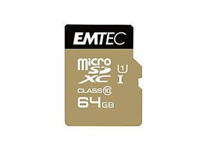 3126170142276 - EMTEC MicroSD Card 64GB SDXC CL10 UHS1 U1 Gold + Adapter