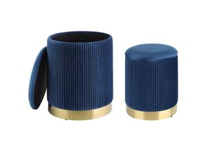 9008606247196 - Living 2er Set Hocker mit Stauraum Mashike elegante Sitzhocker runde Couch Beistellhocker Pouf aus Samt in Blau und Metall in Gold Samthocker ø