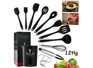 9363092283845 - Hengda Küchenhelfer Set 12 tlg Antihaft Hitzebeständiger Silikon SetTeigschaberlöffelPfannenwenderGrillzangespatelzum Kochen--schwarz