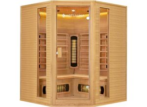 4260565522669 - Eck-Infrarotkabine Nyborg E150V - Infrarotsauna 150x150 cm Vollspektrumstrahler für 4 Personen - LED-Farblicht - Wärmekabine aus Hemlockholz