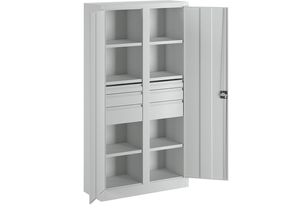 4055479003294 - - Schwerlastschrank Vollblechtüren mit Trennwand 6 beschichtete Böden Schubl 2x75 2x125 2x175 mm BxTxH 1040x630x1950 mm ral 7035