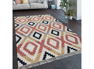 4061981120299 - Teppich Wohnzimmer Boho Fransen Handgewebt Wolle Baumwolle Rot Schwarz Gelb Creme 80x150 cm - Paco Home