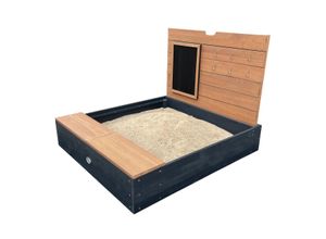 8720365061837 - Mandy Sandkasten aus fsc Holz mit Sitzbank Stauraum Deckel & Kreidetafel Sandbox in Anthrazit & Braun inklusive Bodeplane 100 x 90 cm - Grau - AXI