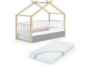 4066731126866 - VitaliSpa Kinderbett Hausbett Einzelbett Design Weiß Grau Natur modern 80x160 cm Kinderzimmer Bett Massivholz Lattenrost Schublade Rausfallschutz Schubladenbett Matratze