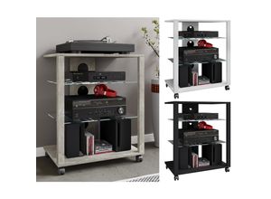 4051814426353 - Media-Board Hifi Holz Möbel Rack Schrank Phono Regal mit Rollen 2 Glasböden Maße H 70 x B 60 x T 41 cm Phono Mediaregal - Folas Gr 60 weiß B60cm H70cm T41cm Sideboards