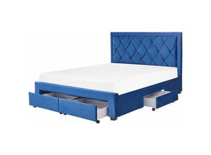 4251682277471 - Polsterbett Blau Samtstoff 4 Schubladen Lattenrost 160 x 200 cm mit hohem Kopfteil im Chesterfield Stil Knopfheftung Glamourös Schlafzimmer - Blau