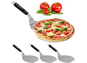 4052025302160 - Relaxdays - 4 x Pizzaschieber mit Holzgriff rund aufhängen Schaufel BxT 165x175 cm Pizzaheber Edelstahl silber schwarz