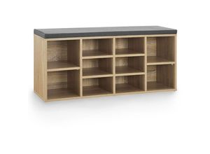 4260565526421 - Schuhregal Holz mit Polsterung Stoff & 10 Fächern höhenverstellbar 104x30x48 cm - Regal mit Sitzbank bis 150 kg - Holzoptik   Grau - Juskys