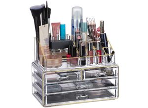 4052025928827 - Make Up Organizer Acryl 2-teilige Schminkaufbewahrung mit Lippenstifthalter & 4 Schubladen transparent gold - Relaxdays