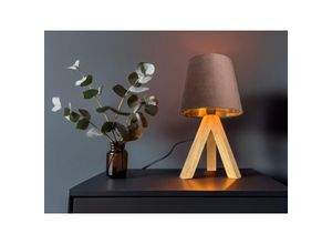 4262442798716 - Kleine Tischlampe mit Dreibein aus Holz Samtschirm Braun Gold Höhe 27cm