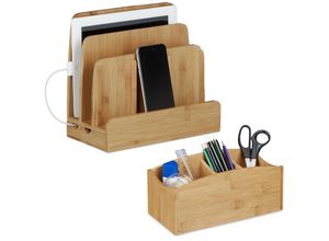 4052025215972 - Relaxdays - 2 teiliges Büro Set Schreibtischorganizer mit 4 Fächern universal Ladestation für mehrere Geräte Bambus natur