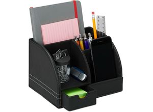 4052025913236 - Schreibtischorganizer Kunstleder Büro Organizer mit Schublade 4 Fächer Stiftehalter 13x19x15 cm schwarz - Relaxdays