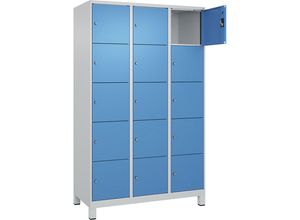 4068192017172 - 5er-Schließfachschrank Evolo PLUS 3 Abteile lichtgrau lichtblau B 1200 mm 15 Fächer mit breiten Füßen Zylinderschloss 4068192017172 - 5er-Schließfachschrank Evolo PLUS 3 Abteile lichtgrau lichtblau B 1200 mm 15 Fächer mit breiten Füßen Zylinderschloss