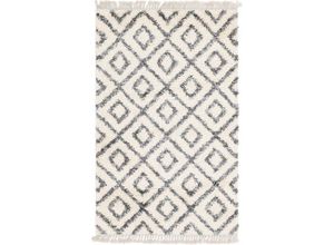 4251792184034 - Hochflor-Teppich MYFLAIR MÖBEL & ACCESSOIRES Top Shag Teppiche Gr B L 152 cm x 244 cm 32 mm 1 St beige (elfenbeinfarben grau) Fransenteppich Esszimmerteppiche gewebt Rauten Design melierte Optik weich & kuschelig mit Fransen