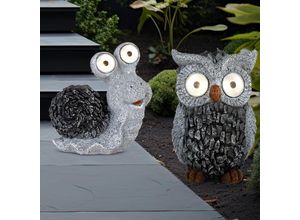 9007371494828 - - Solar Gartenskulptur für Außen Gartendeko Schnecke Eule Figur Skulptur grau Akku 1x Schnecke und 1x Eule Kunststoff 2x led 3000K 2er Set