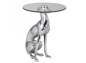 4250950234215 - Design Beistelltisch Ø40cm Runder Couchtisch Hund 50 cm Hoch Aluminium Tierfigur Ausgefallener Wohnzimmertisch Silber Deko Tisch - Finebuy