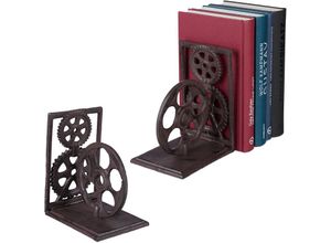 4052025408190 - Relaxdays - 2 x Buchstütze Retro Zahnräder & Filmrolle Gusseisen Bücher DVDs Deko Buchwinkel HxBxT 16 x 13 x 10 cm braun