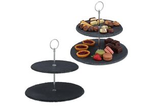 4052025372484 - Relaxdays - 2 x Etagere mit 2 Etagen Schiefer Kuchen Snacks Obst Metallgriff Servierständer HxD 23 x 25 cm anthrazit silber