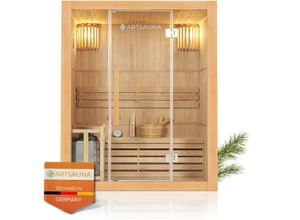 4260565525110 - Saunakabine Tampere mit Harvia Ofen – 2 Personen – Hemlock Holz große Glasfront und led Licht – Inkl Thermometer & Sanduhr – Komplett Set - Artsauna