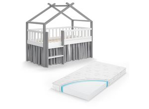 4066731062454 - VitaliSpa Kinderbett Bettenhaus Einzelbett Adis Weiß Grau modern 168x158 cm Kinderzimmer Rausfallschutz Massivholz Lattenrost Bettleiter Hausbett Hochbett Matratze