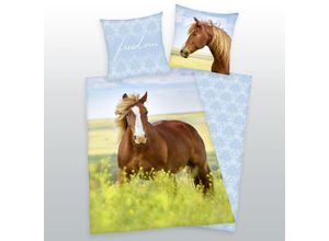 4006891915115 - Kinder-Wendebettwäsche Pferd Renforcé 135 x 200 + 80 x 80 cm blau